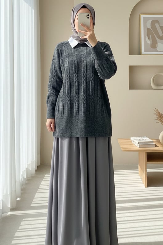 Kabartma Desenli Yumoş Triko Kazak   -Füme