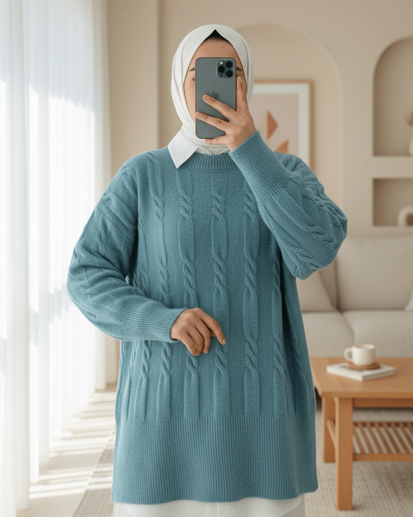 Kabartma Desenli Yumoş Triko Kazak  -Turkuaz