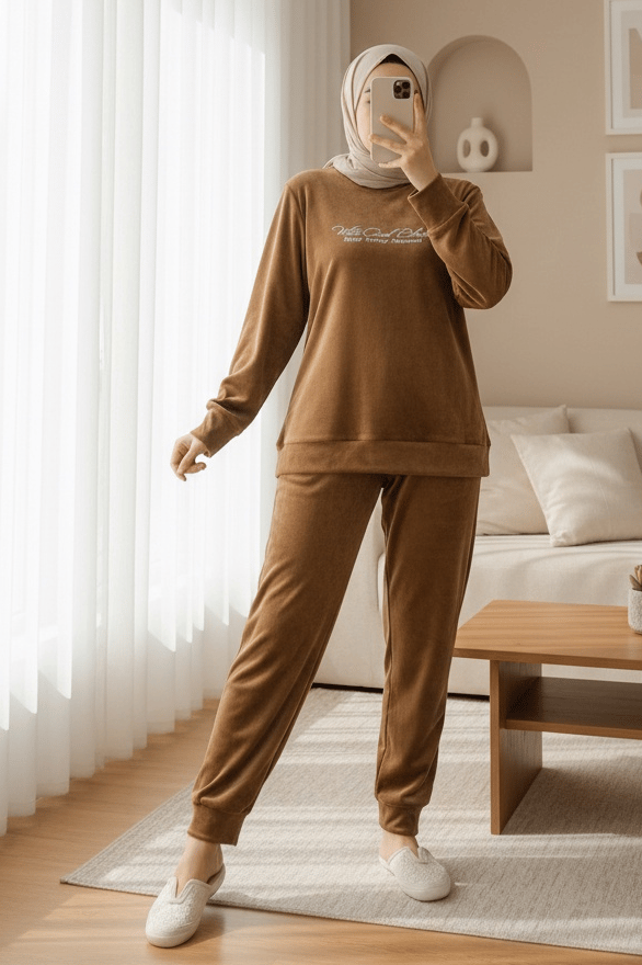 Kabartma Yazılı Fransız Kadife Pijama Takımı -Tarçın