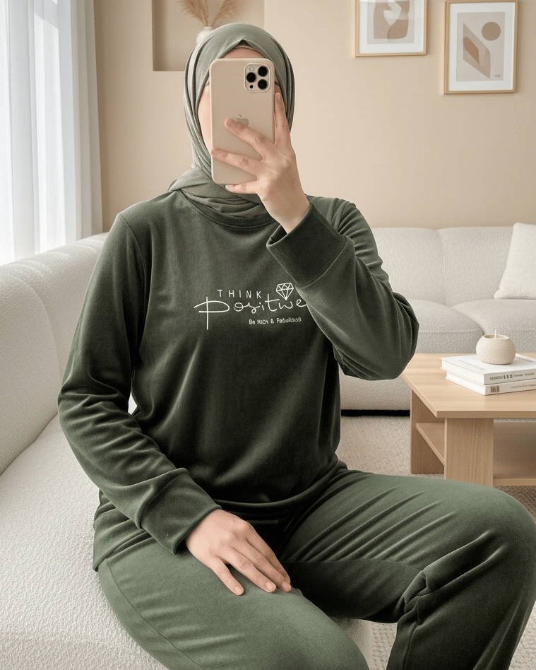 Kabartma Yazılı Fransız Kadife Pijama Takımı -Haki