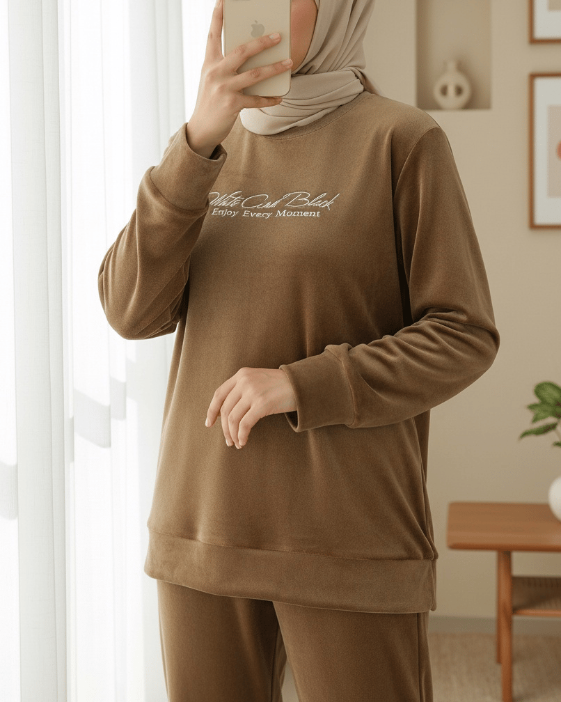 Kabartma Yazılı Fransız Kadife Pijama Takımı -Tarçın