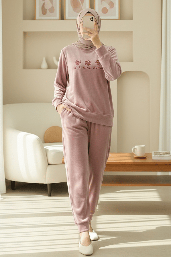 Kabartma Yazılı Fransız Kadife Pijama Takımı -G.Kurusu