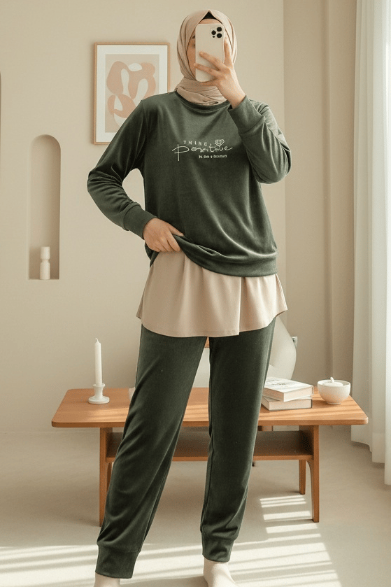 Kabartma Yazılı Fransız Kadife Pijama Takımı -Haki