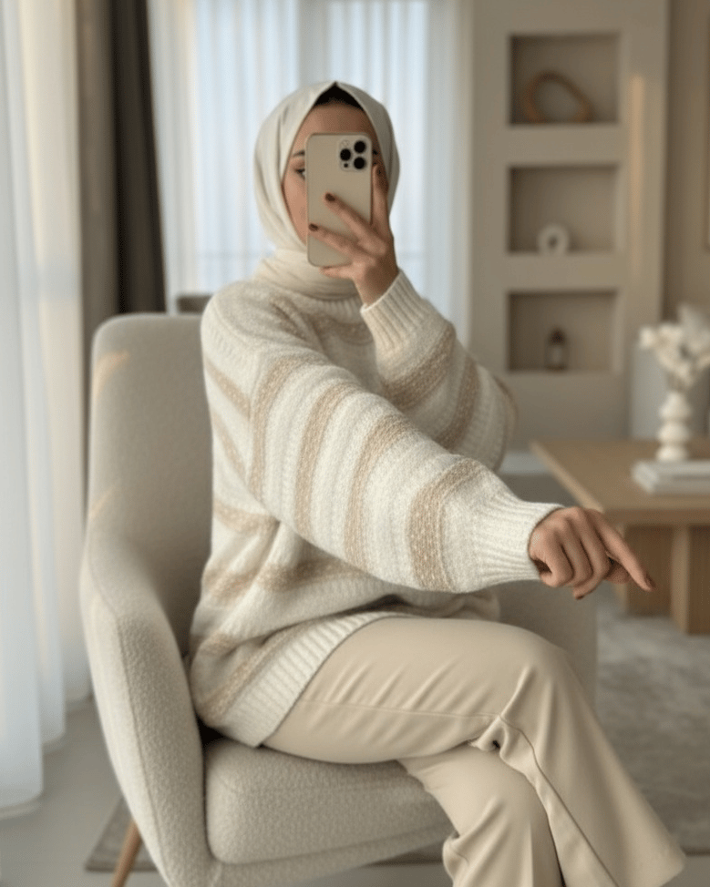 Kalın Çizgi Desenli Örme Triko Kazak -Beyaz