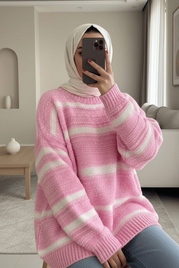 Kalın Çizgi Desenli Örme Triko Kazak -Pembe