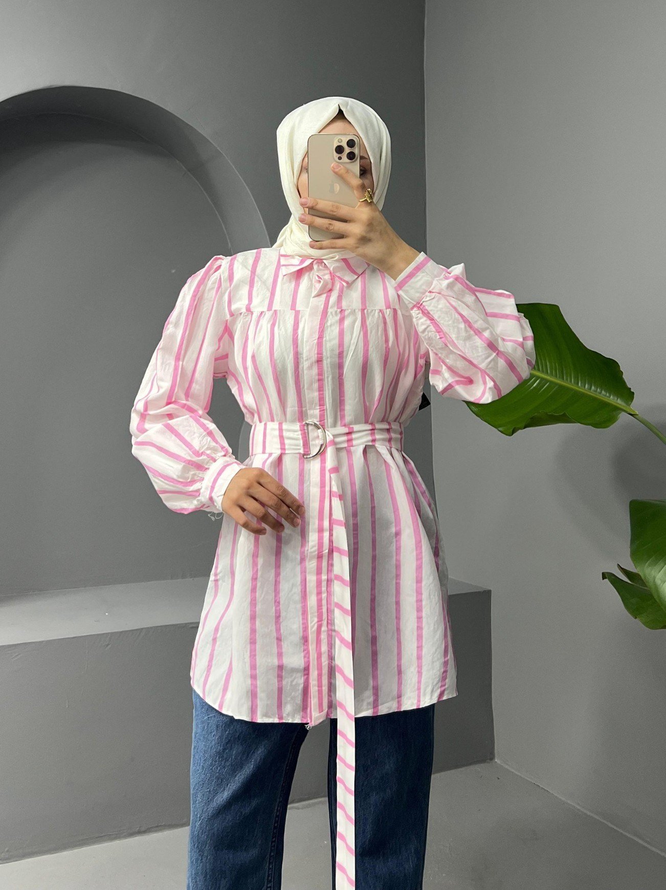 Kalın Çizgili Tokalı Kemerli Gömlek -Pembe