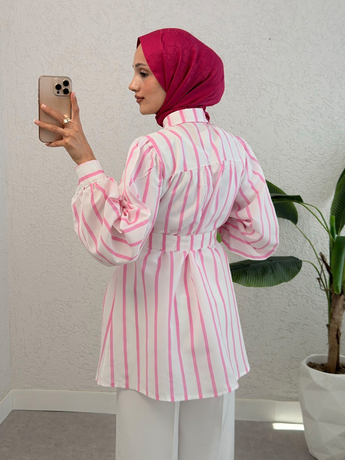 Kalın Çizgili Tokalı Kemerli Gömlek -Pembe