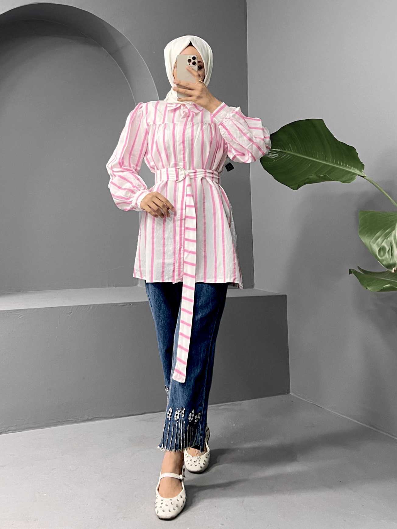 Kalın Çizgili Tokalı Kemerli Gömlek -Pembe