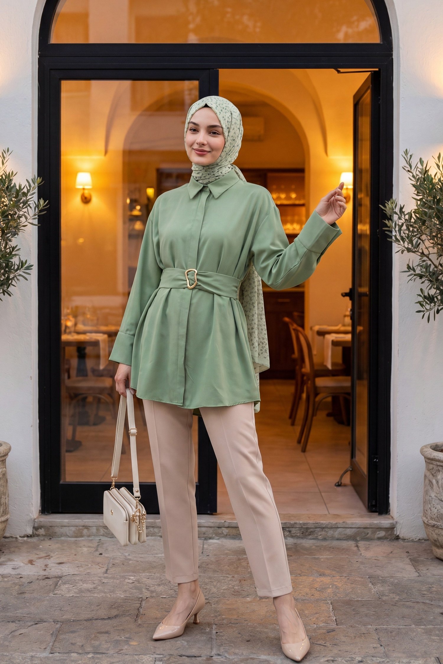 Kalın Kemerli Kumaş Pantolon   -Krem