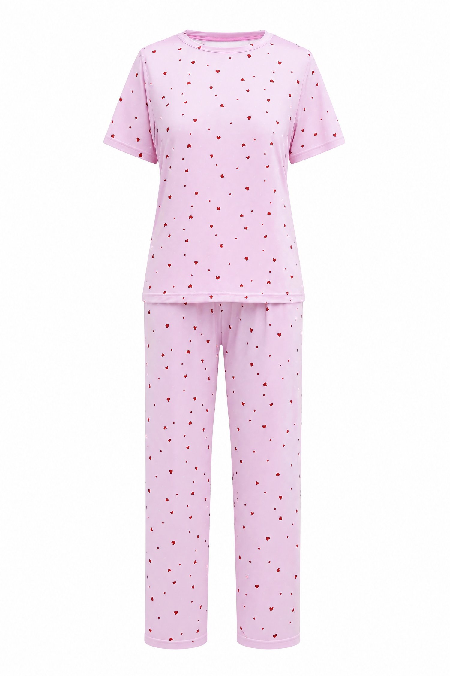 Kalp Desenli Bisiklet Yaka Kısa Kol Penye Pijama Takımı -Pembe