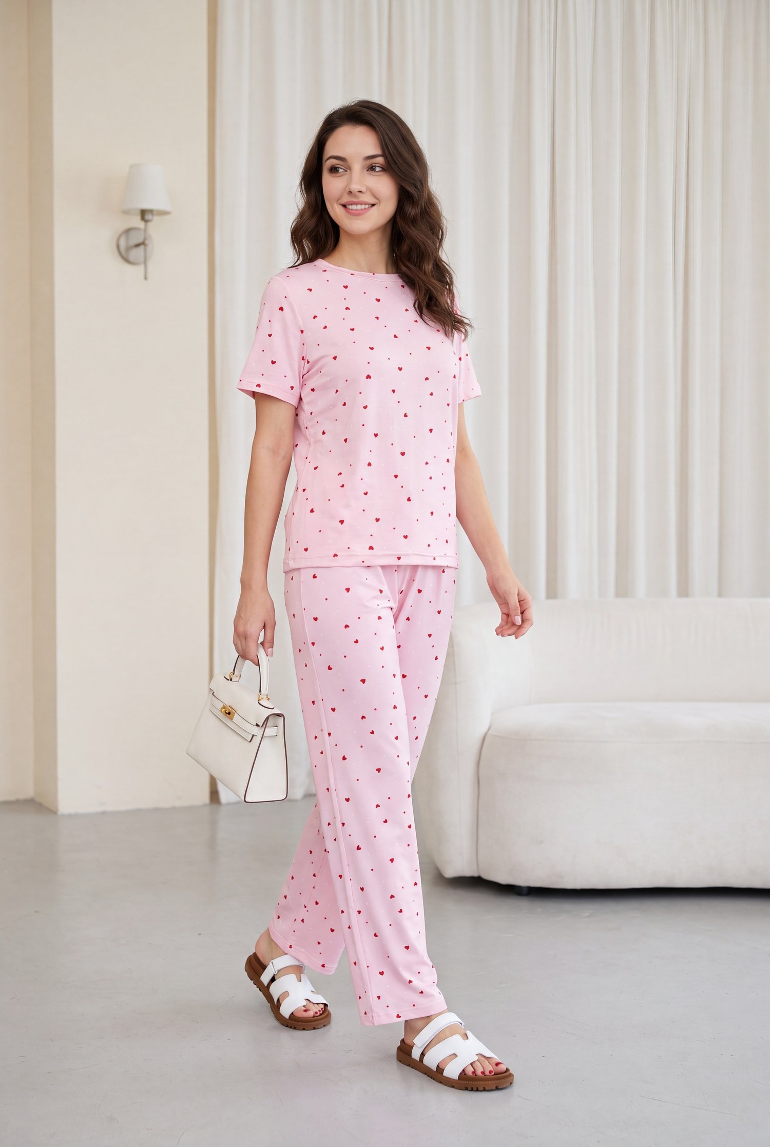 Kalp Desenli Bisiklet Yaka Kısa Kol Penye Pijama Takımı -Pembe