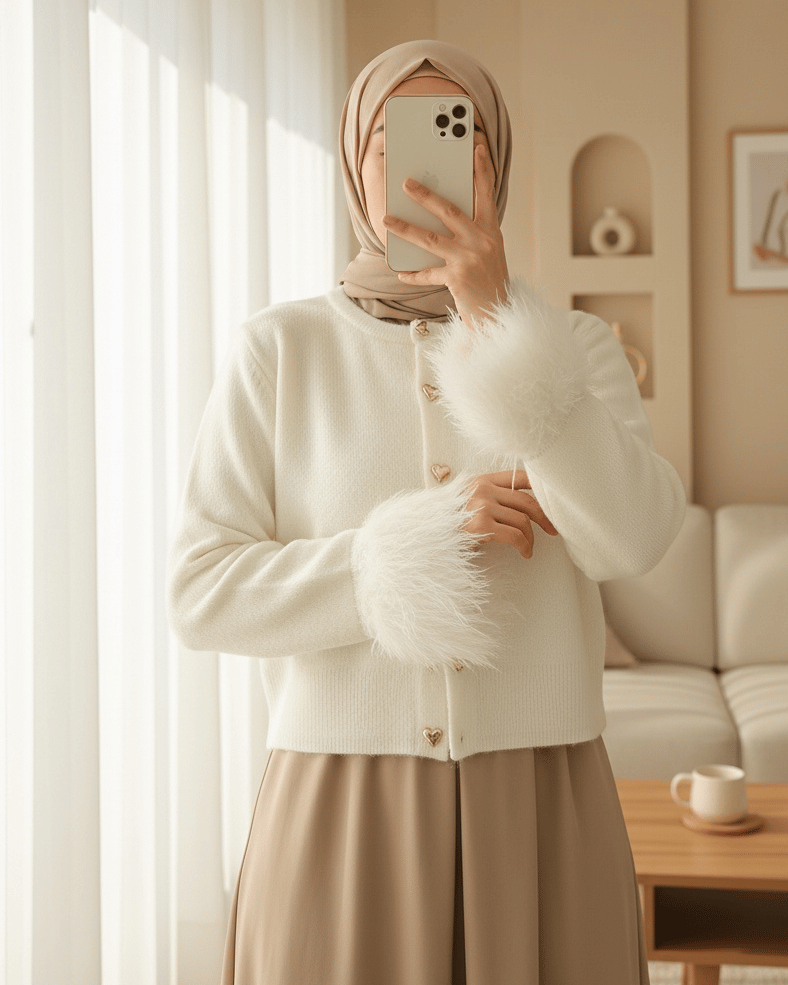 Kalp Düğmeli Kolu Saçaklı Triko Hırka -Ekru
