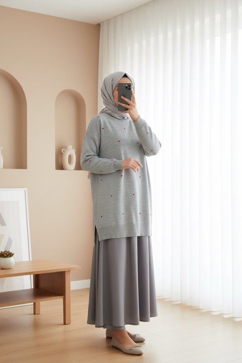 Kalp Nakışlı Bisiklet Yaka Triko Tunik -Gri