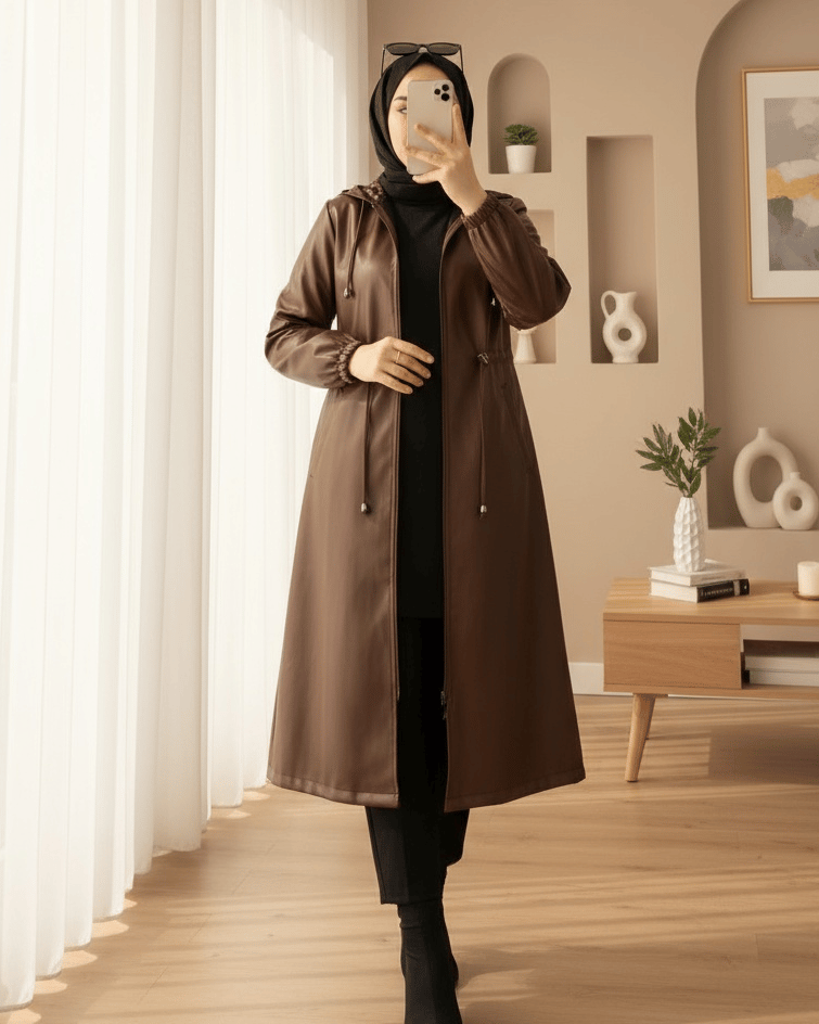 Kapşonlu Cepli Beli Bağcıklı Kolu Lastikli Deri Kap -Kahve