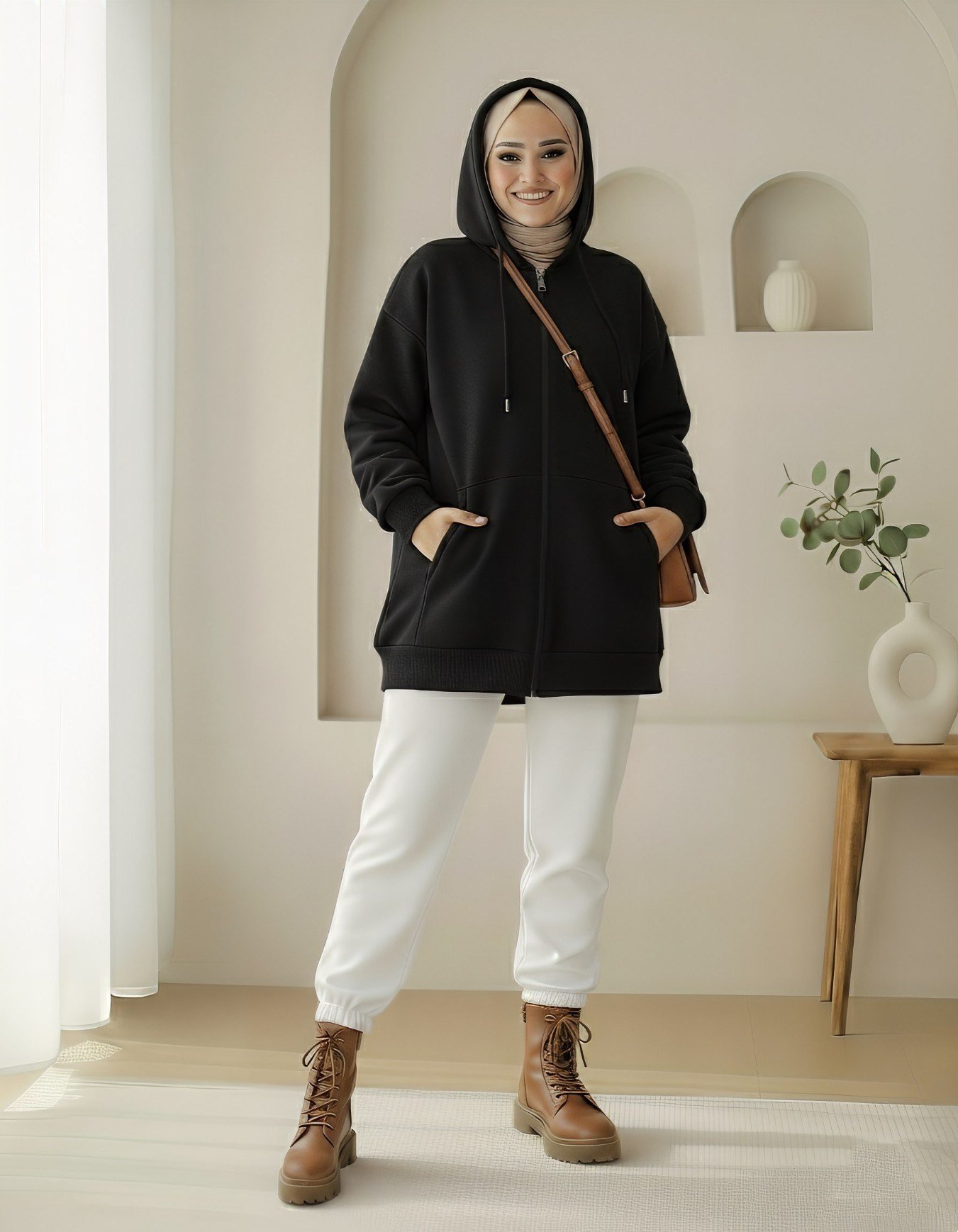 Kapşonlu Cepli Fermuarlı Şardonlu Sweat-Siyah