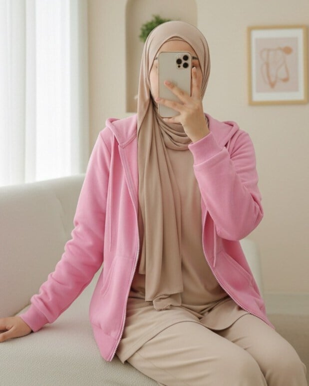 Kapşonlu Fermuarlı Cepli Penye Sweat  -Pembe