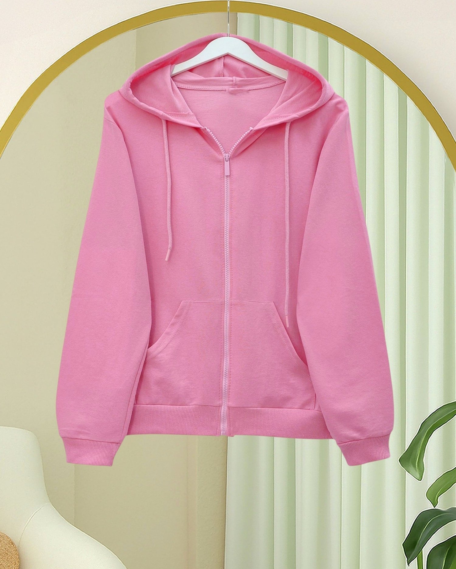 Kapşonlu Fermuarlı Cepli Penye Sweat  -Pembe