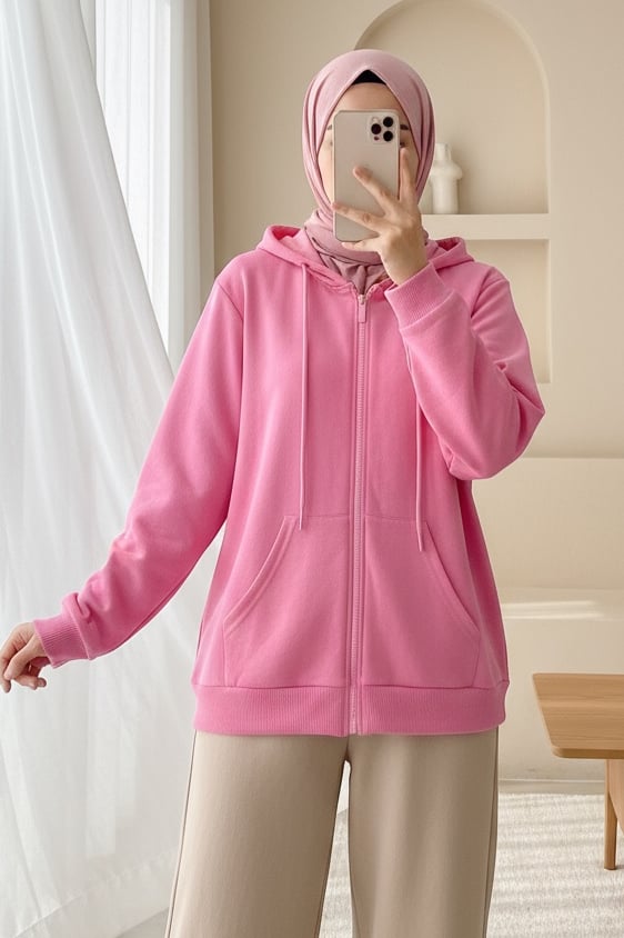 Kapşonlu Fermuarlı Cepli Penye Sweat  -Pembe