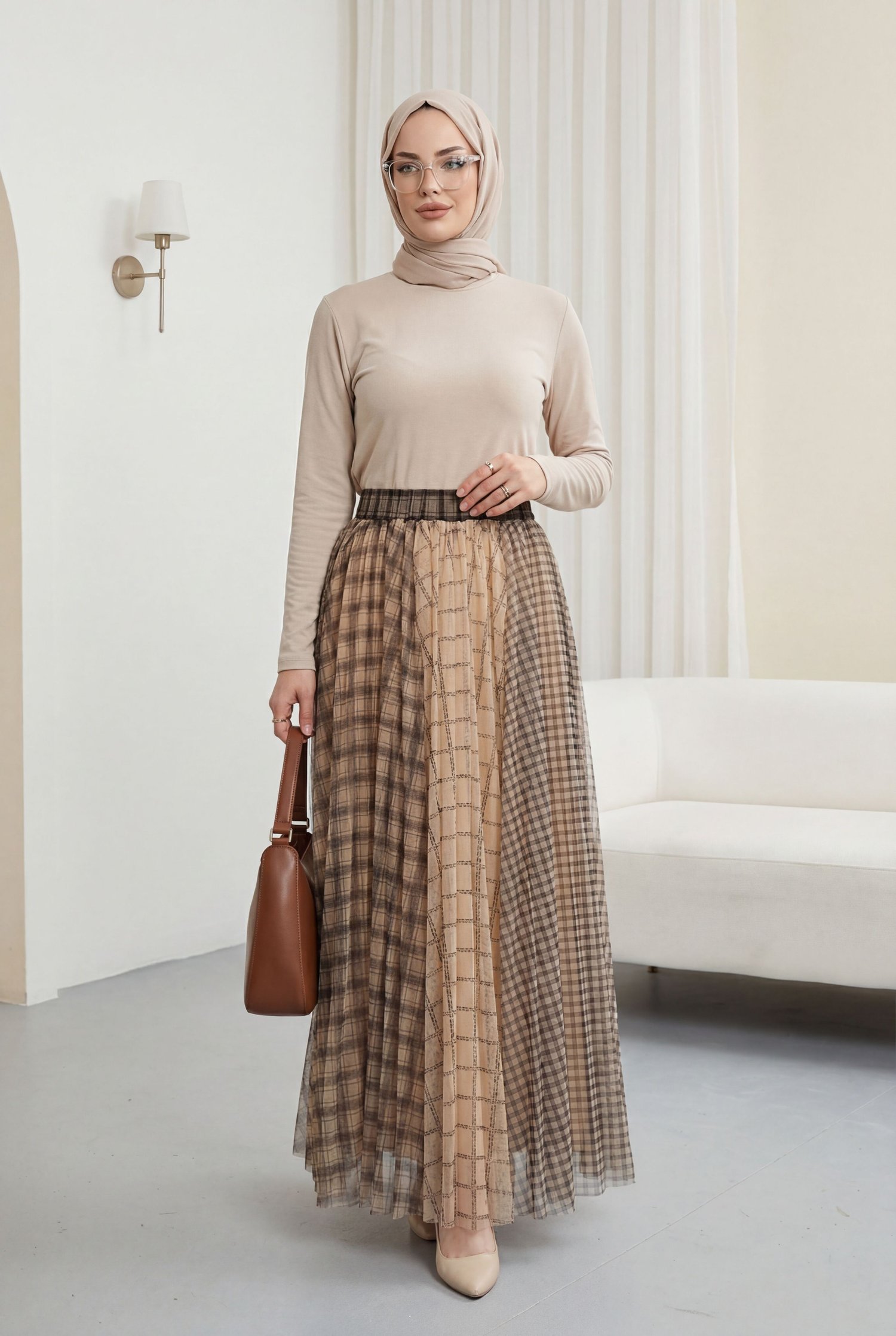 Kare Desen Beli Lastikli Astarlı Tül Etek -Vizon