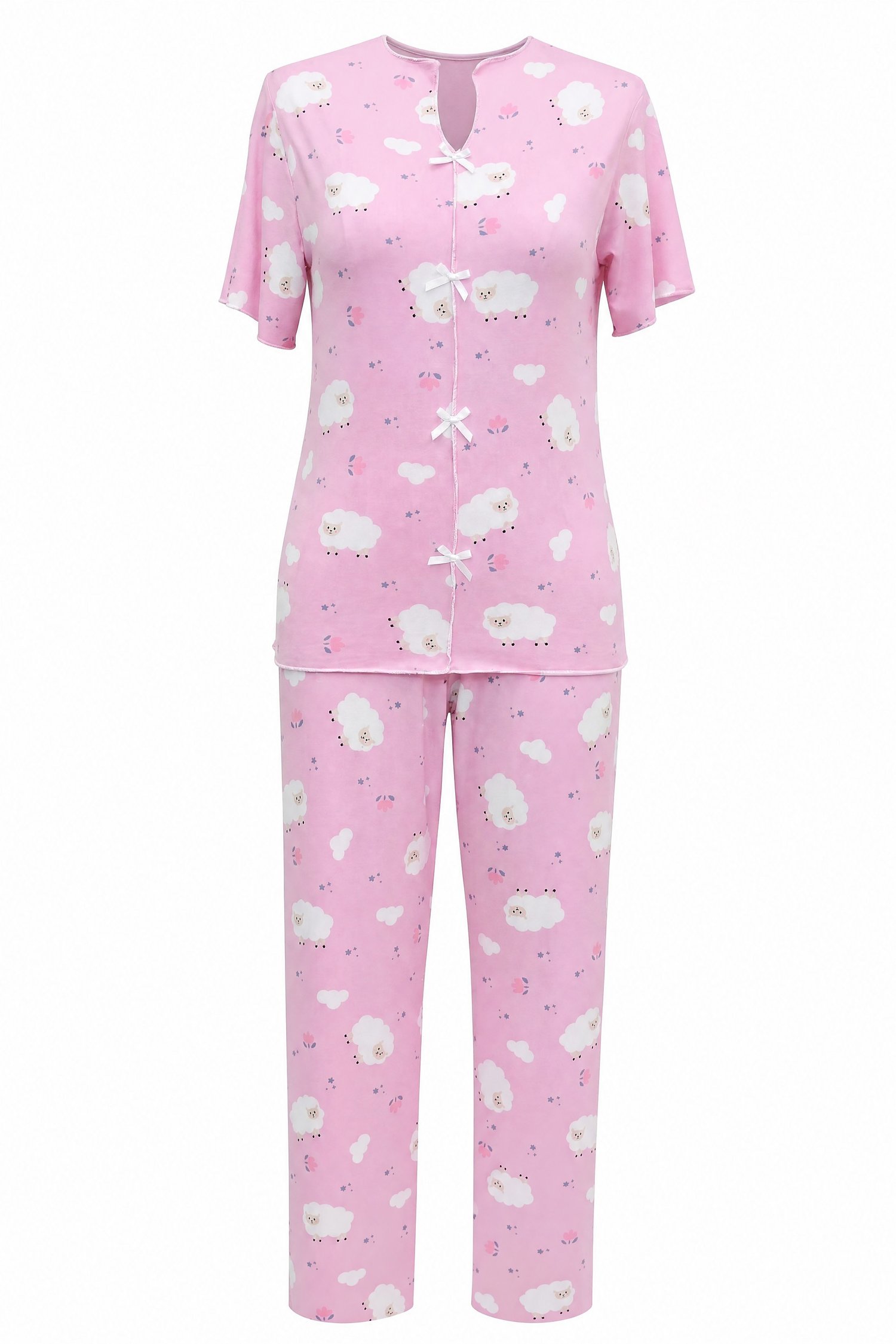 Karışık Figür Desenli  V Yaka Önü Fiyonklu Kısa Kol Penye Pijama Takımı -Pembe