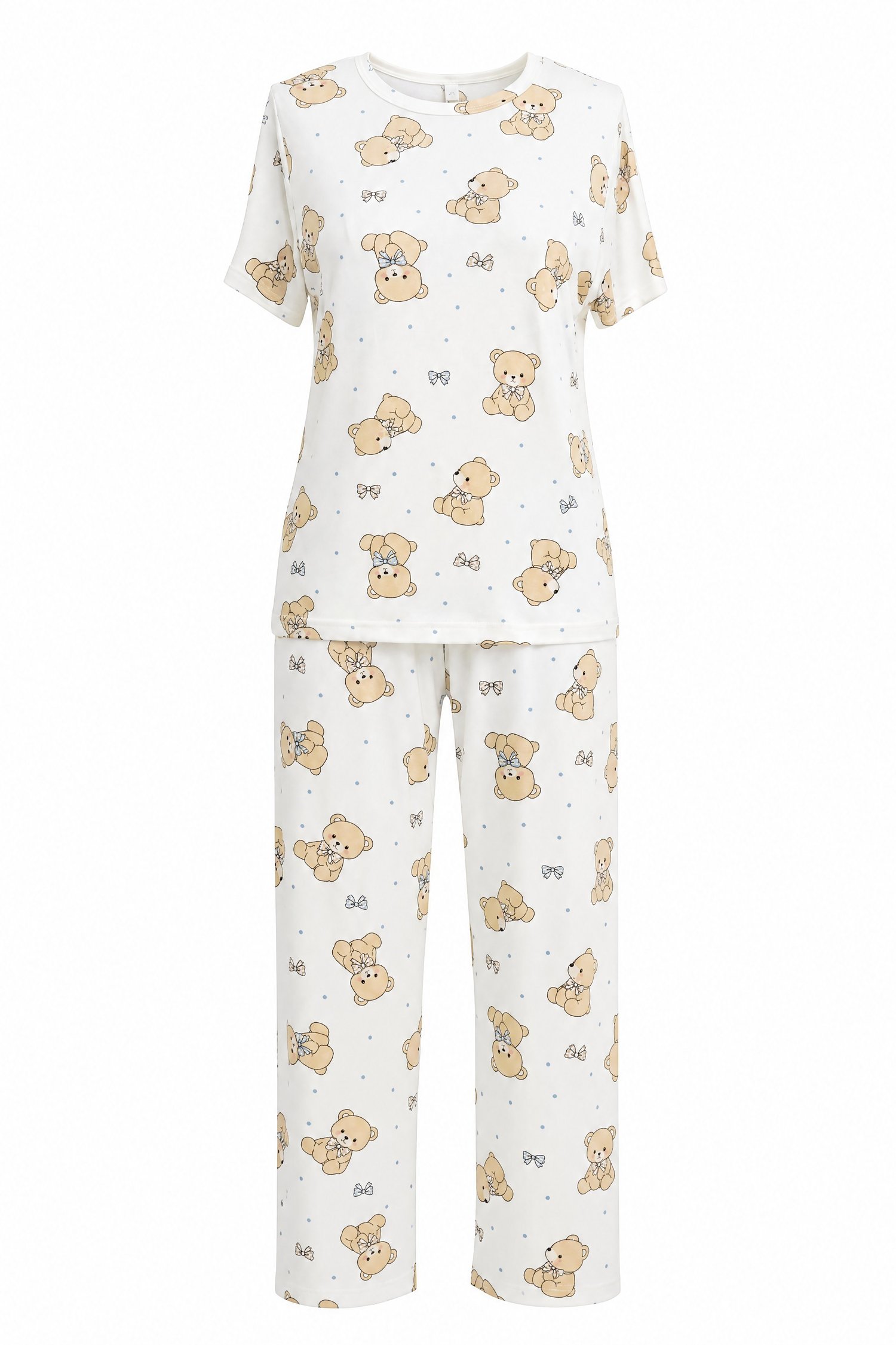 Karışık Figür Desenli Bisiklet Yaka Kısa Kol Penye Pijama Takımı -Beyaz