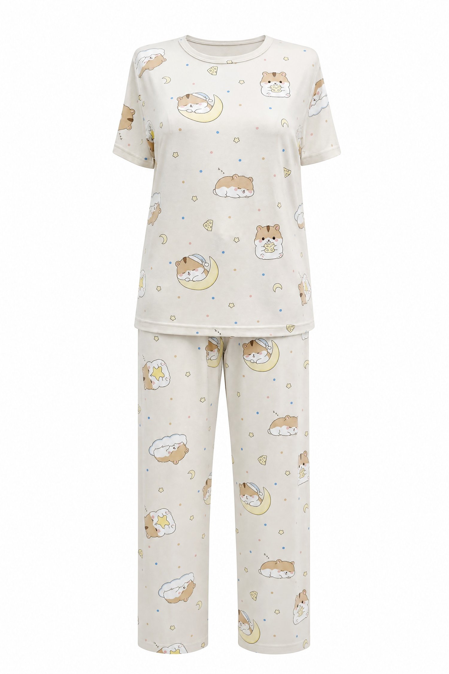 Karışık Figür Desenli Bisiklet Yaka Kısa Kol Penye Pijama Takımı -Krem