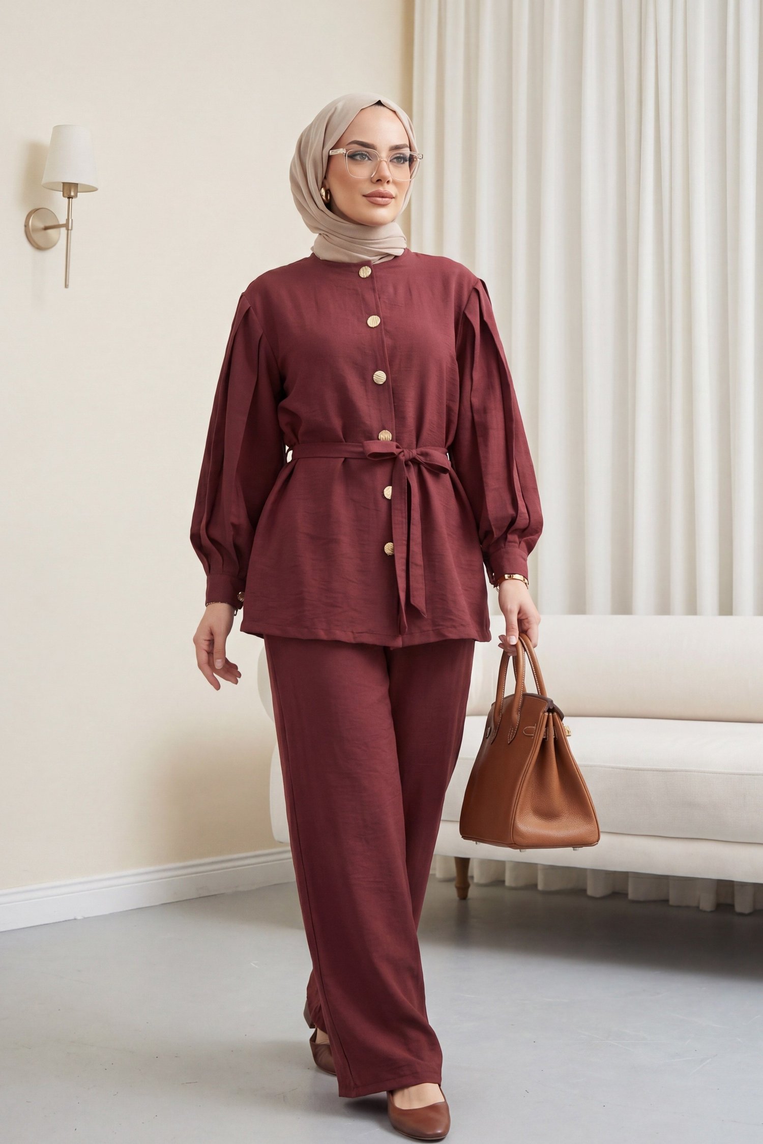 Karpuz Kol Beli Bağcıklı Pantolonlu Lena Takım -Mürdüm