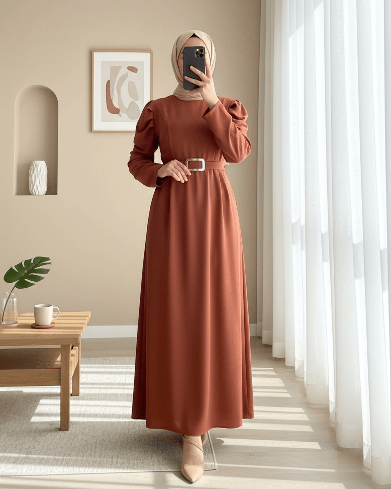Karpuz Kol Tokalı Kemerli Elbise -Taba
