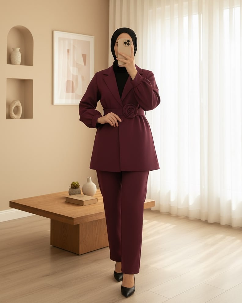 Kemeri Gül Detaylı Kruvaze Yaka Ceket Pantolon Takım   -Bordo