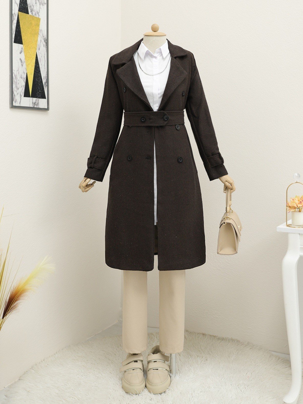 Kemerli Astarlı Bolero Detaylı Kaban -Kahve