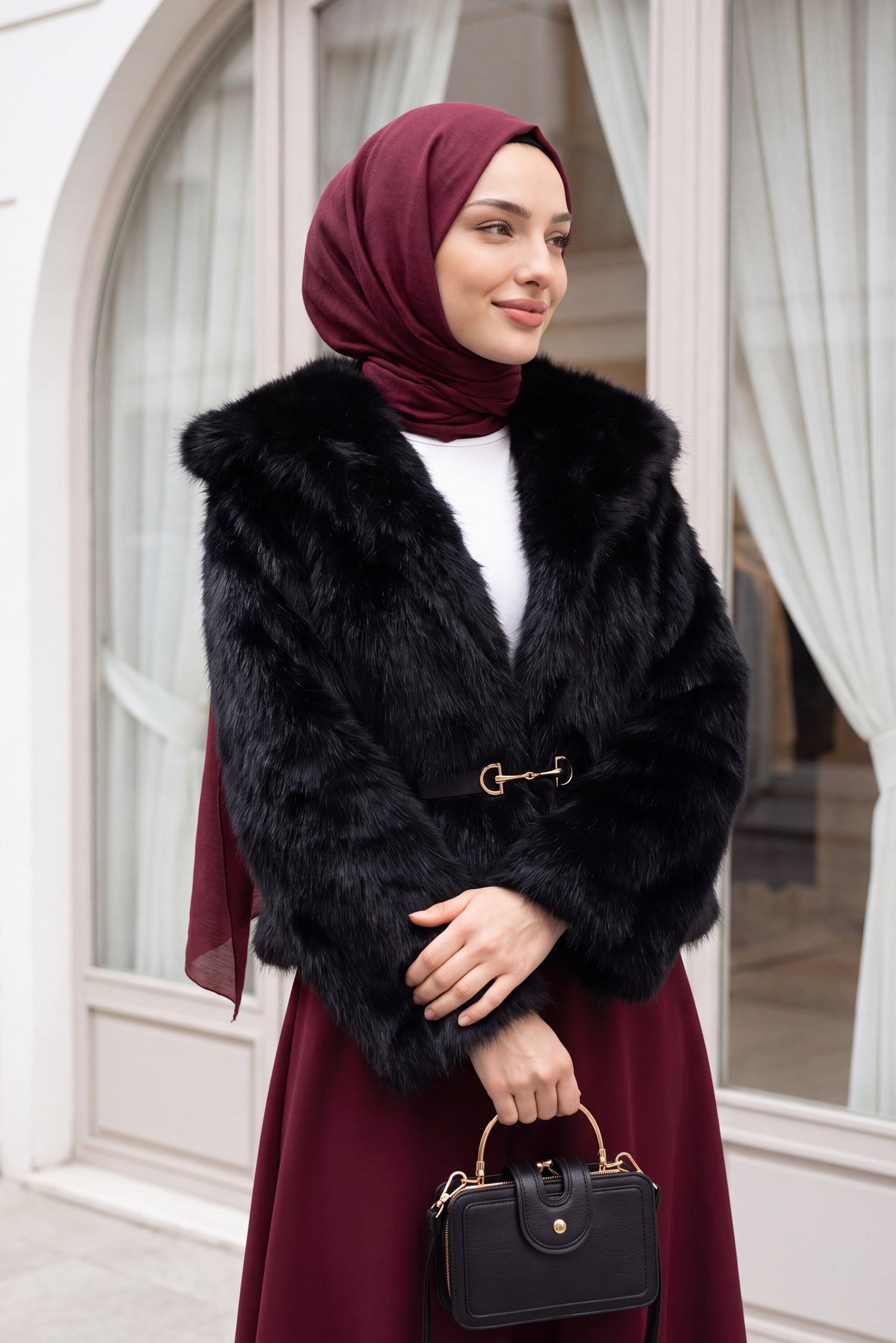 Kemerli Astarlı Cift Cepli Kürk Kaban -Siyah