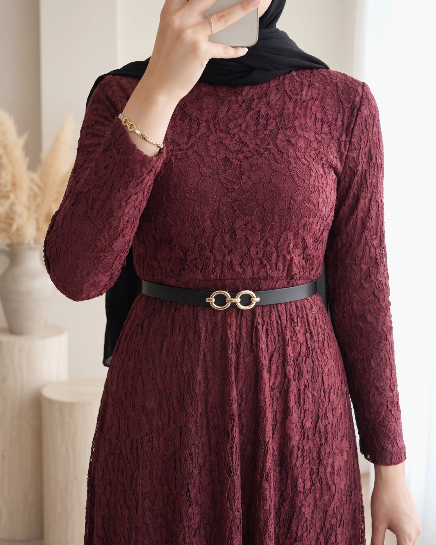 Kemerli Astarlı Güpür Dantel Elbise -Bordo