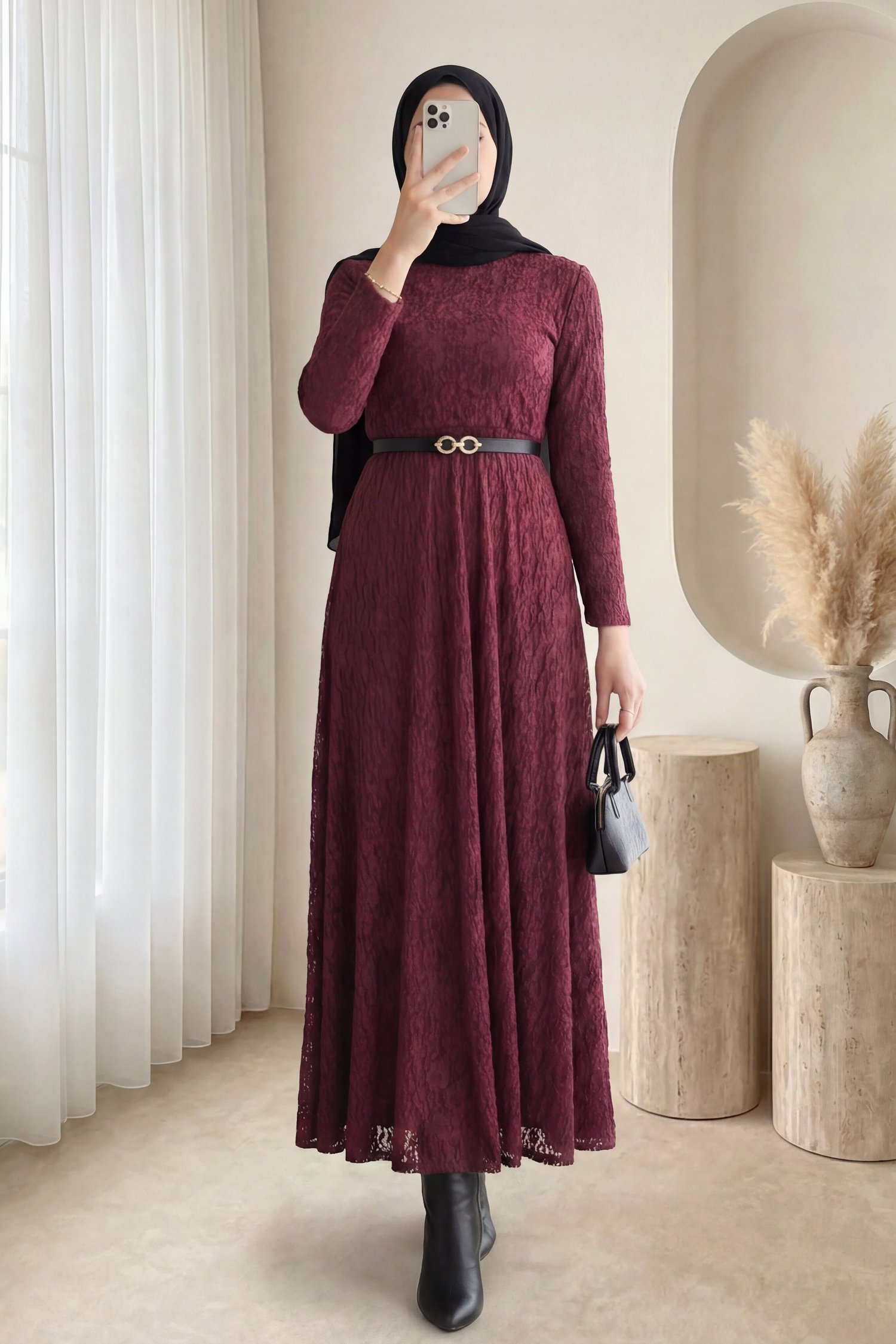 Kemerli Astarlı Güpür Dantel Elbise -Bordo