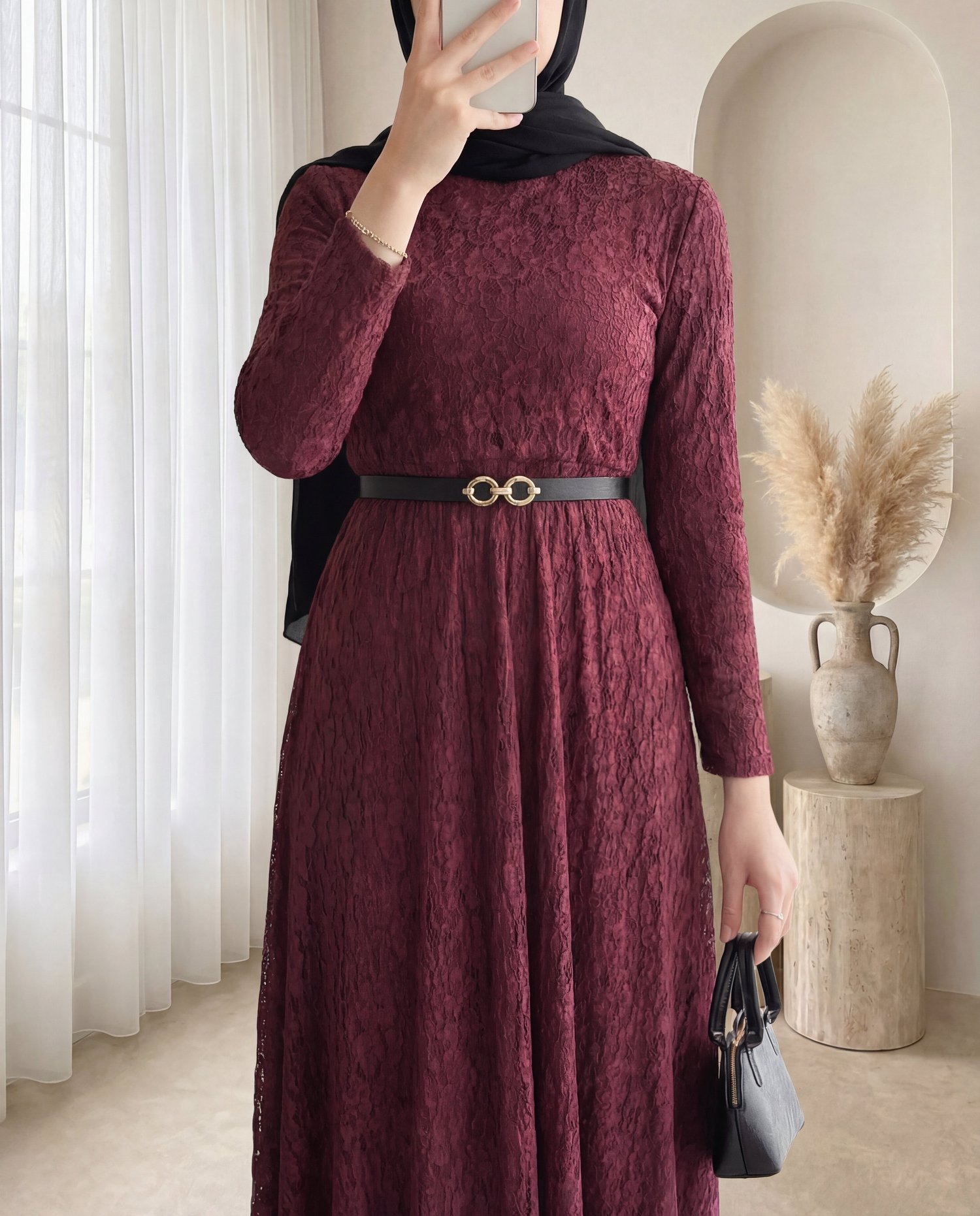 Kemerli Astarlı Güpür Dantel Elbise -Bordo