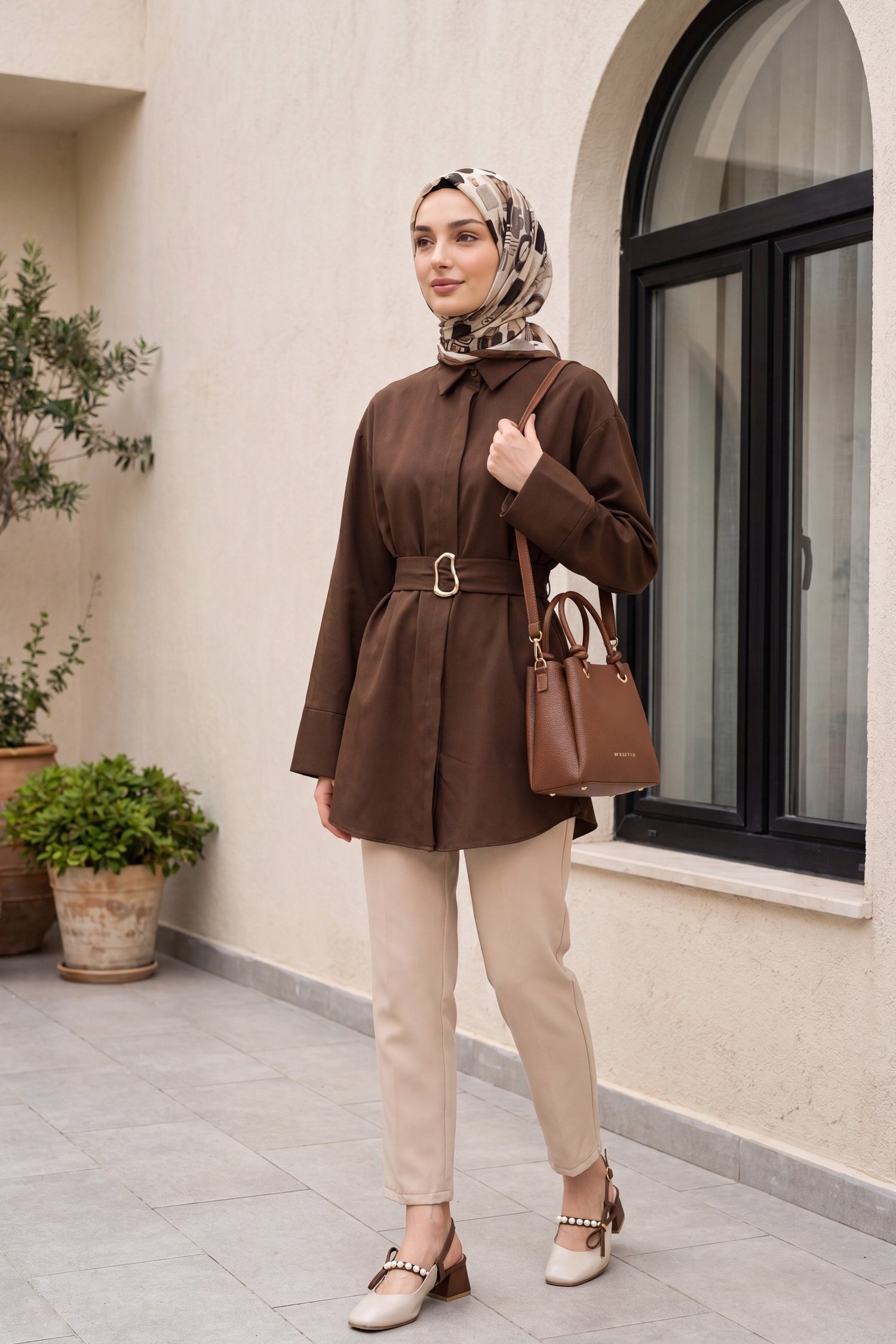 Kemerli Bilek Pantolon     -Bej