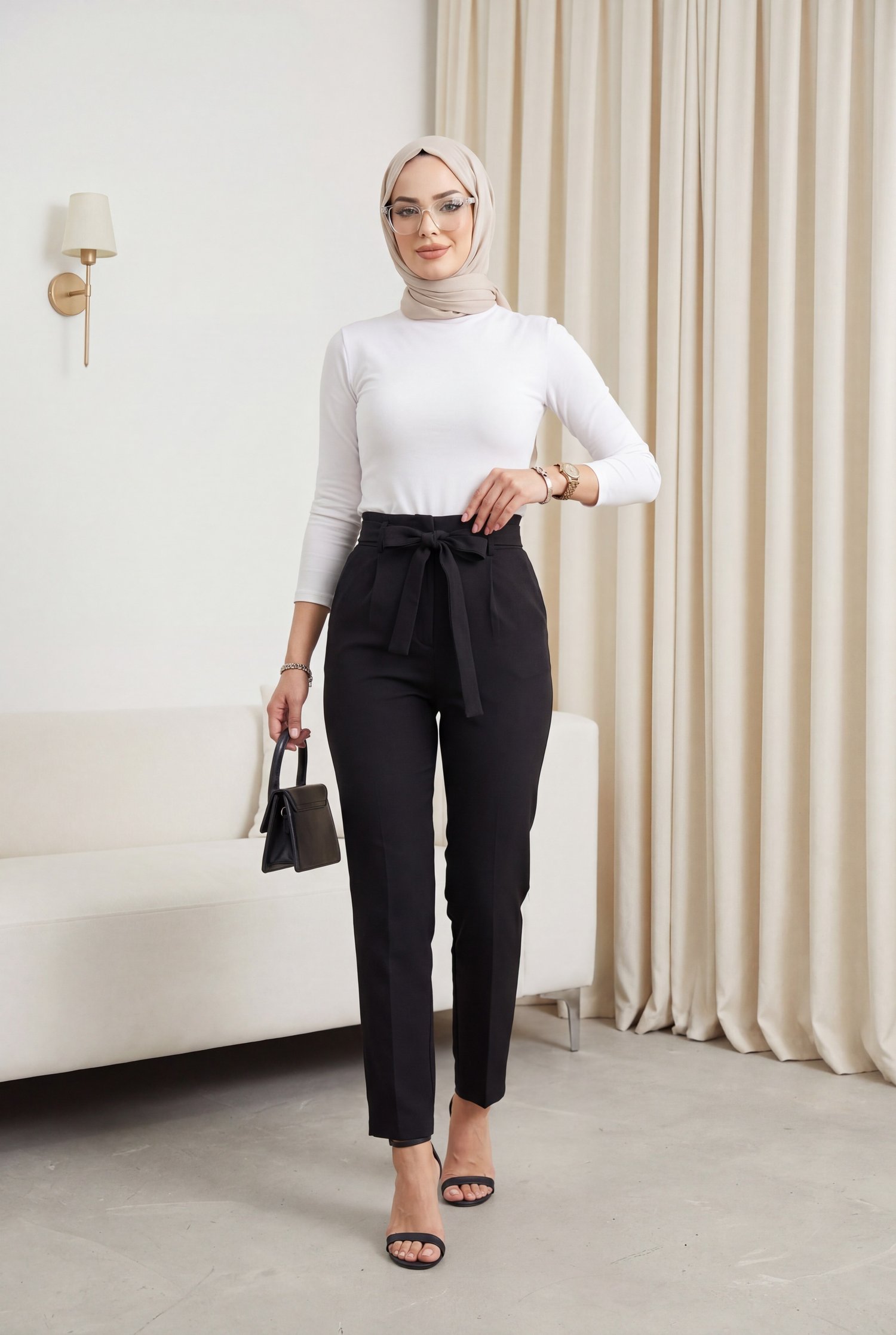 Kemerli Bilek Pantolon -Siyah