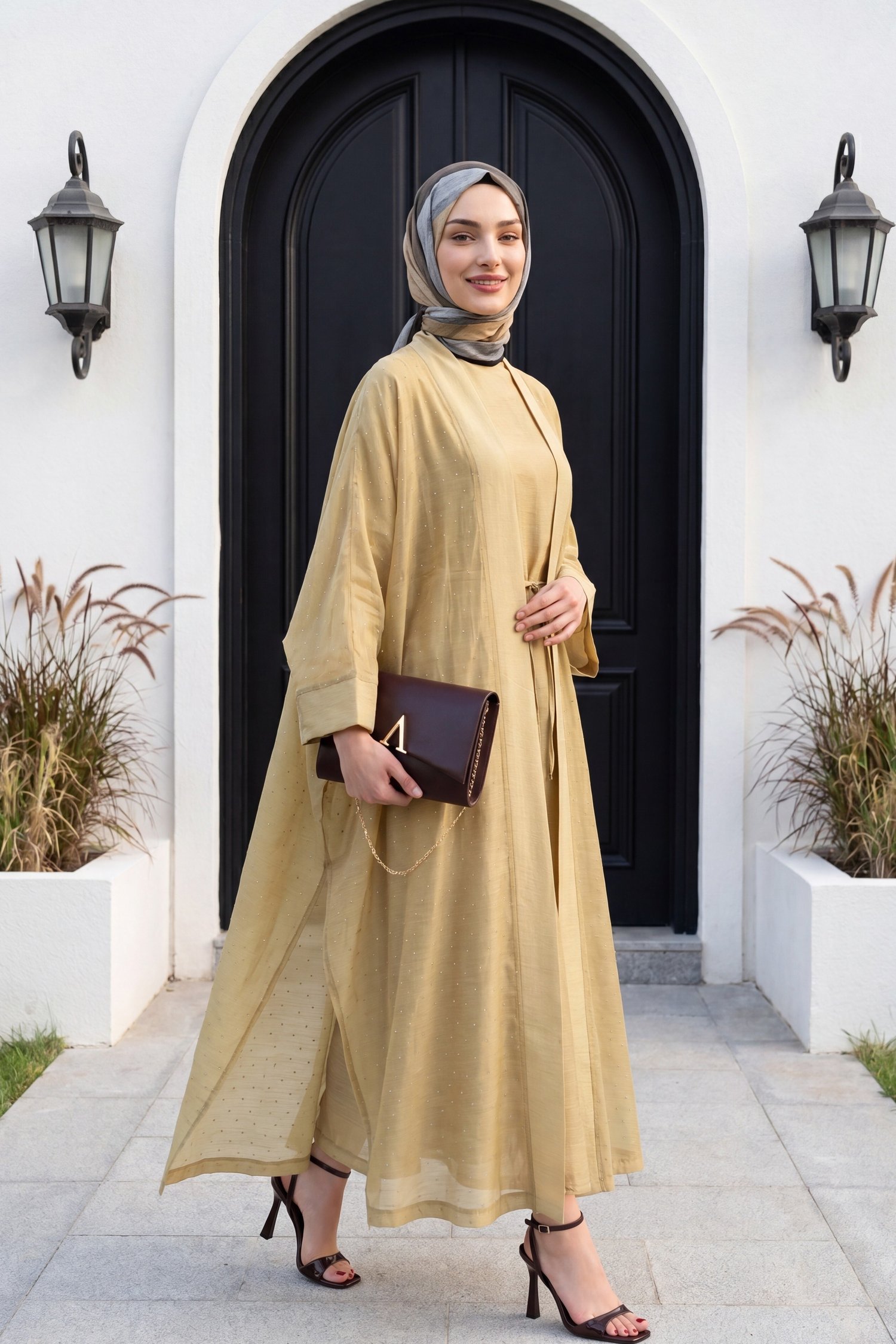 Kemerli İçlikli Taş Detaylı Astarlı Flam Tül Abaya Takım -Vizon