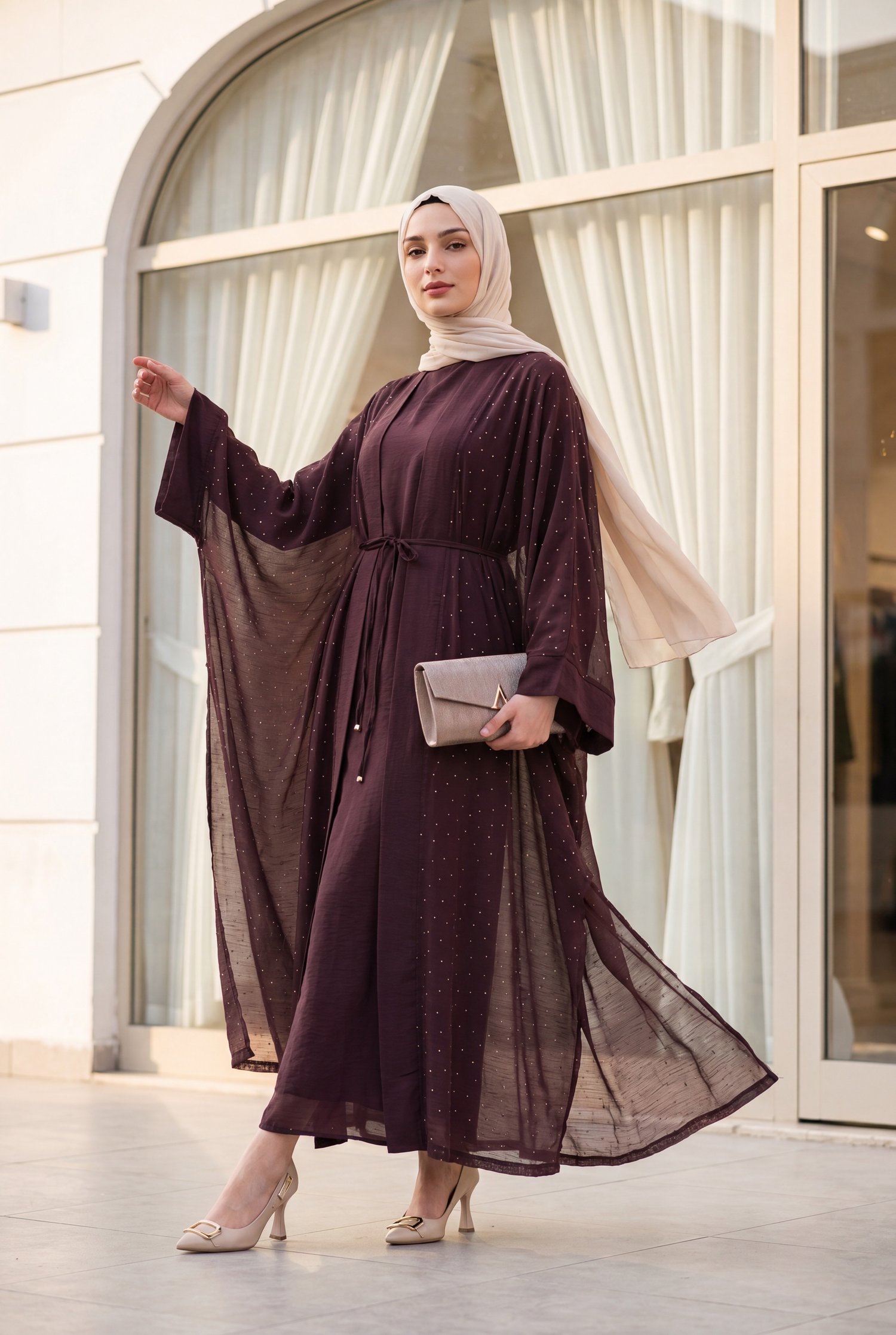Kemerli İçlikli Taş Detaylı Astarlı Flam Tül Abaya Takım -Mürdüm