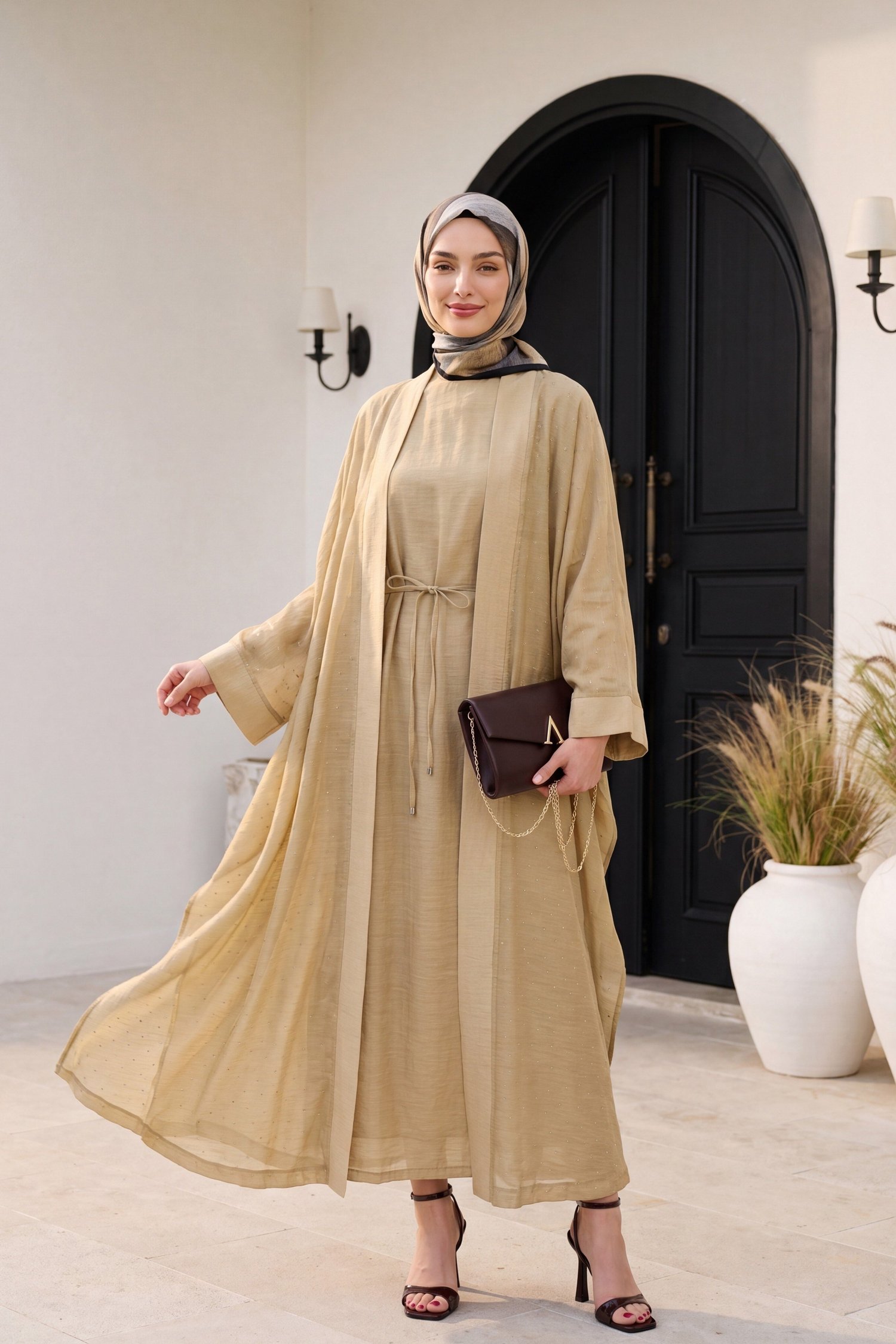 Kemerli İçlikli Taş Detaylı Astarlı Flam Tül Abaya Takım -Vizon