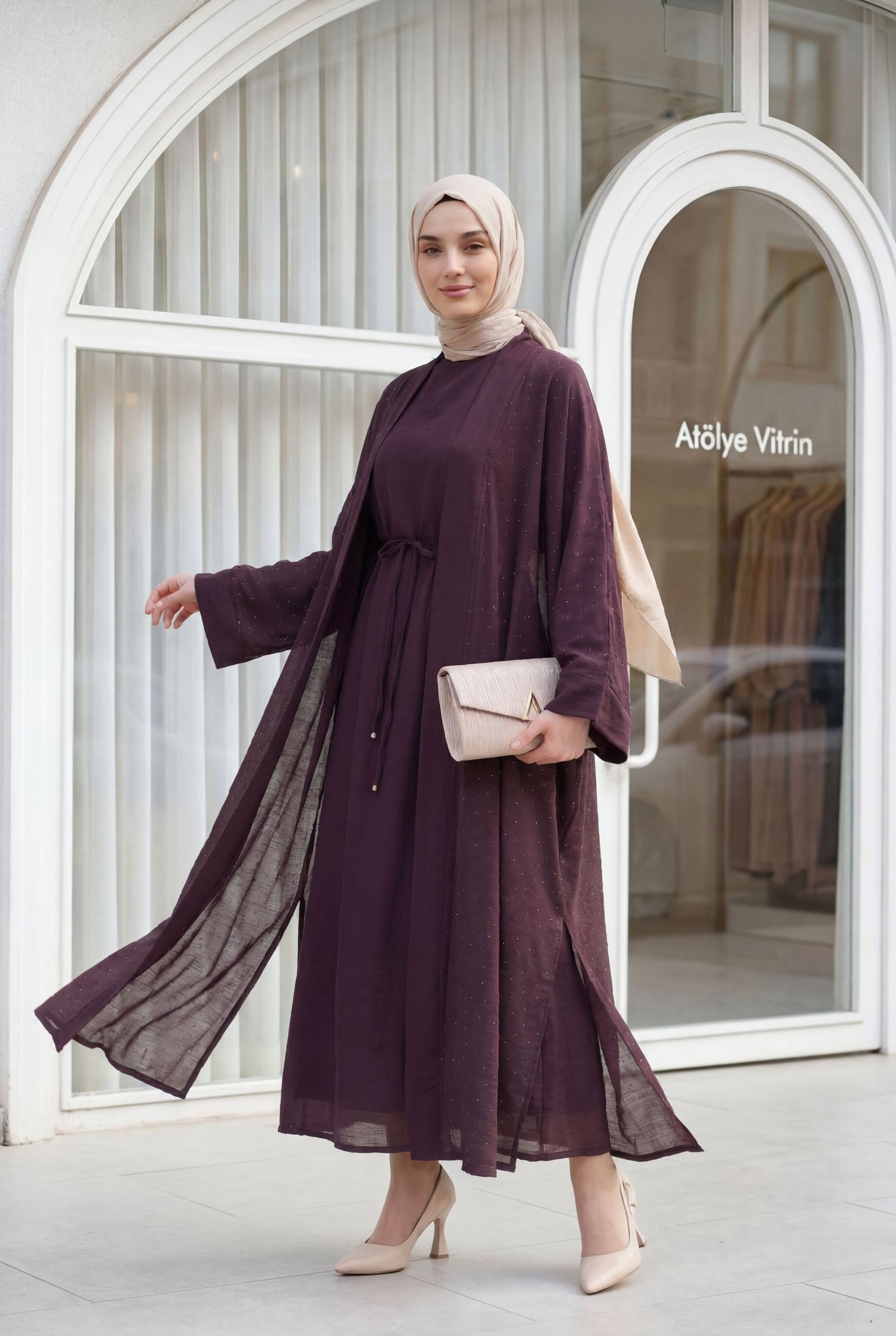 Kemerli İçlikli Taş Detaylı Astarlı Flam Tül Abaya Takım -Mürdüm