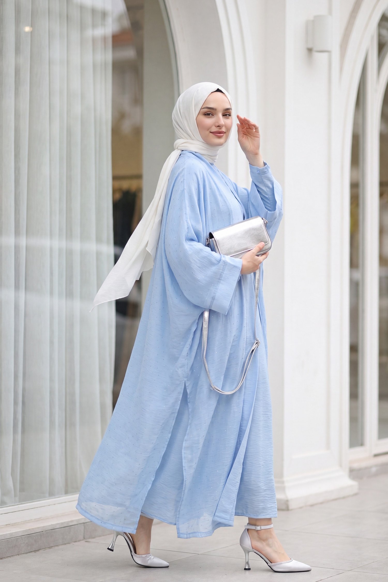 Kemerli İçlikli Taş Detaylı Astarlı Flam Tül Abaya Takım -Bebe Mavi