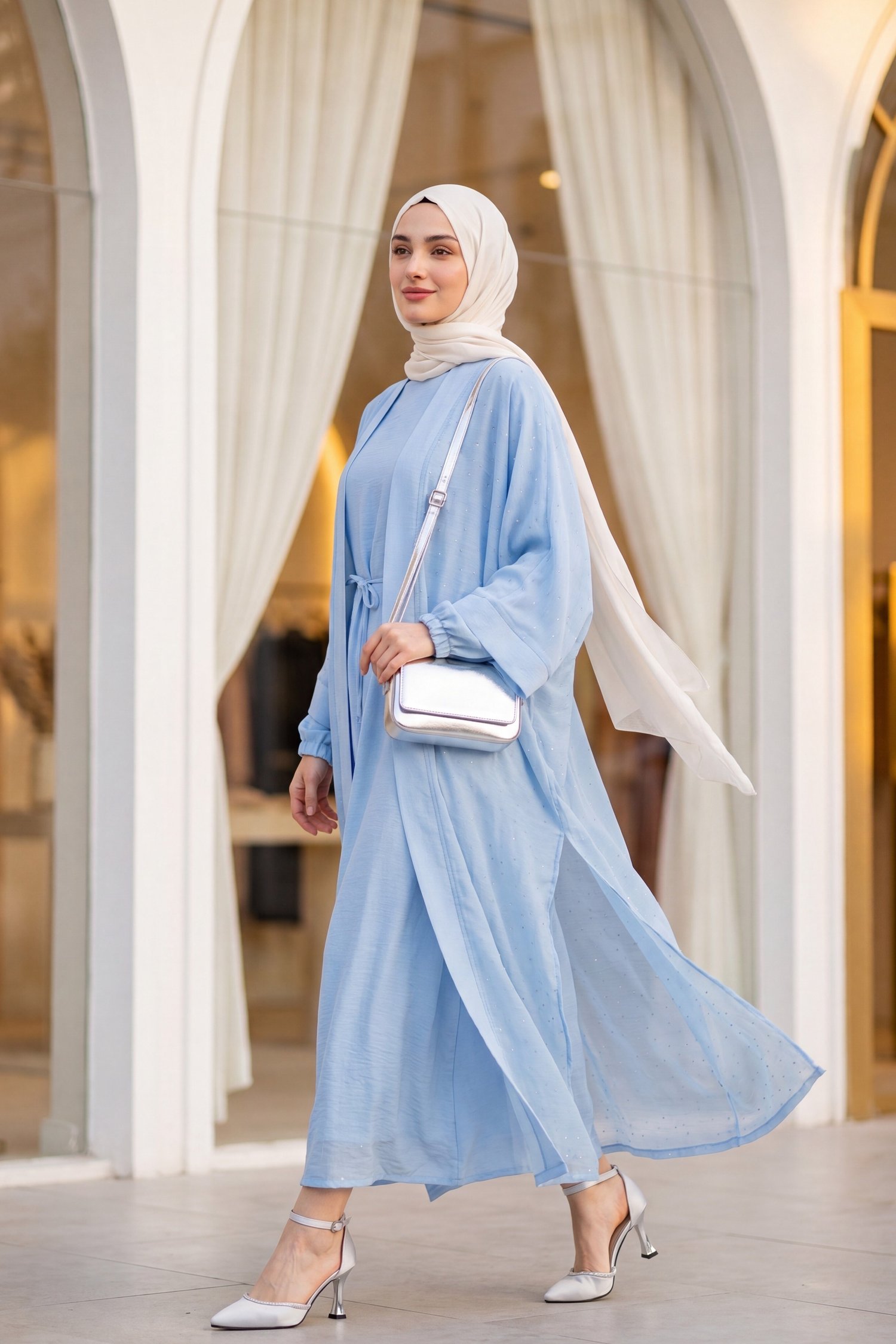 Kemerli İçlikli Taş Detaylı Astarlı Flam Tül Abaya Takım -Bebe Mavi