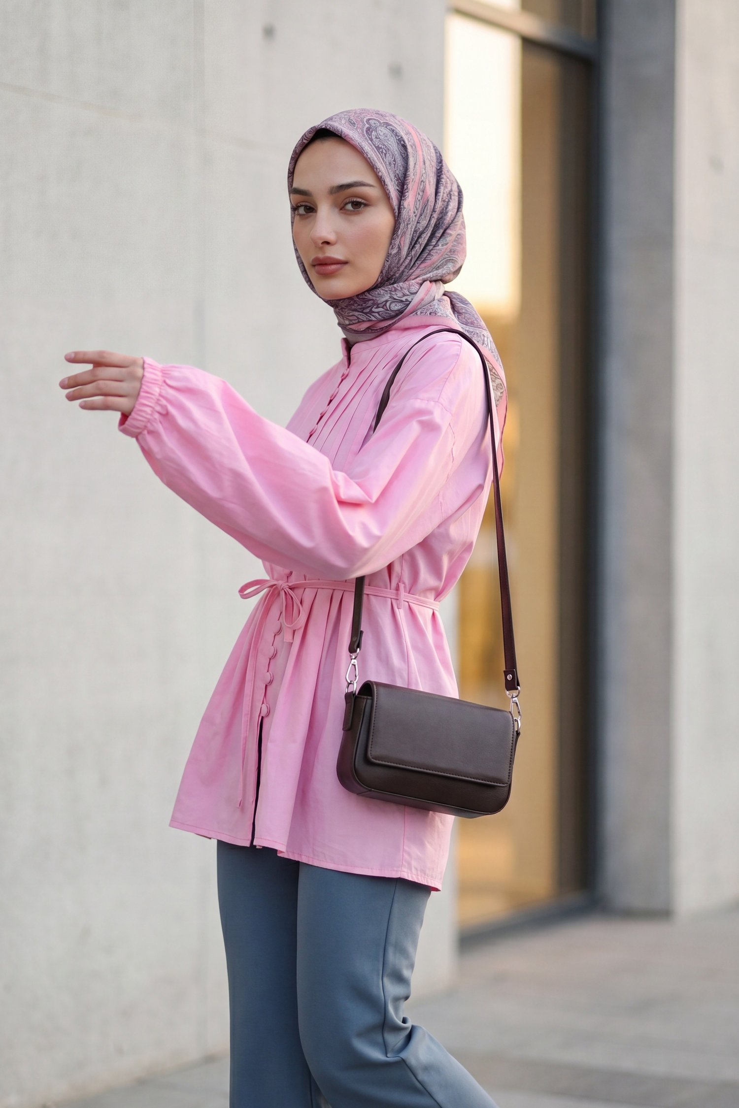 Kemerli Kolu Lastikli Önü Düğmeli Katlama Detaylı Poplin Gömlek  -Pembe