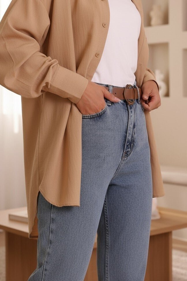 Kemerli Kot Pantolon -Açık Mavi