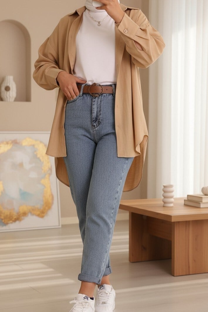 Kemerli Kot Pantolon -Açık Mavi