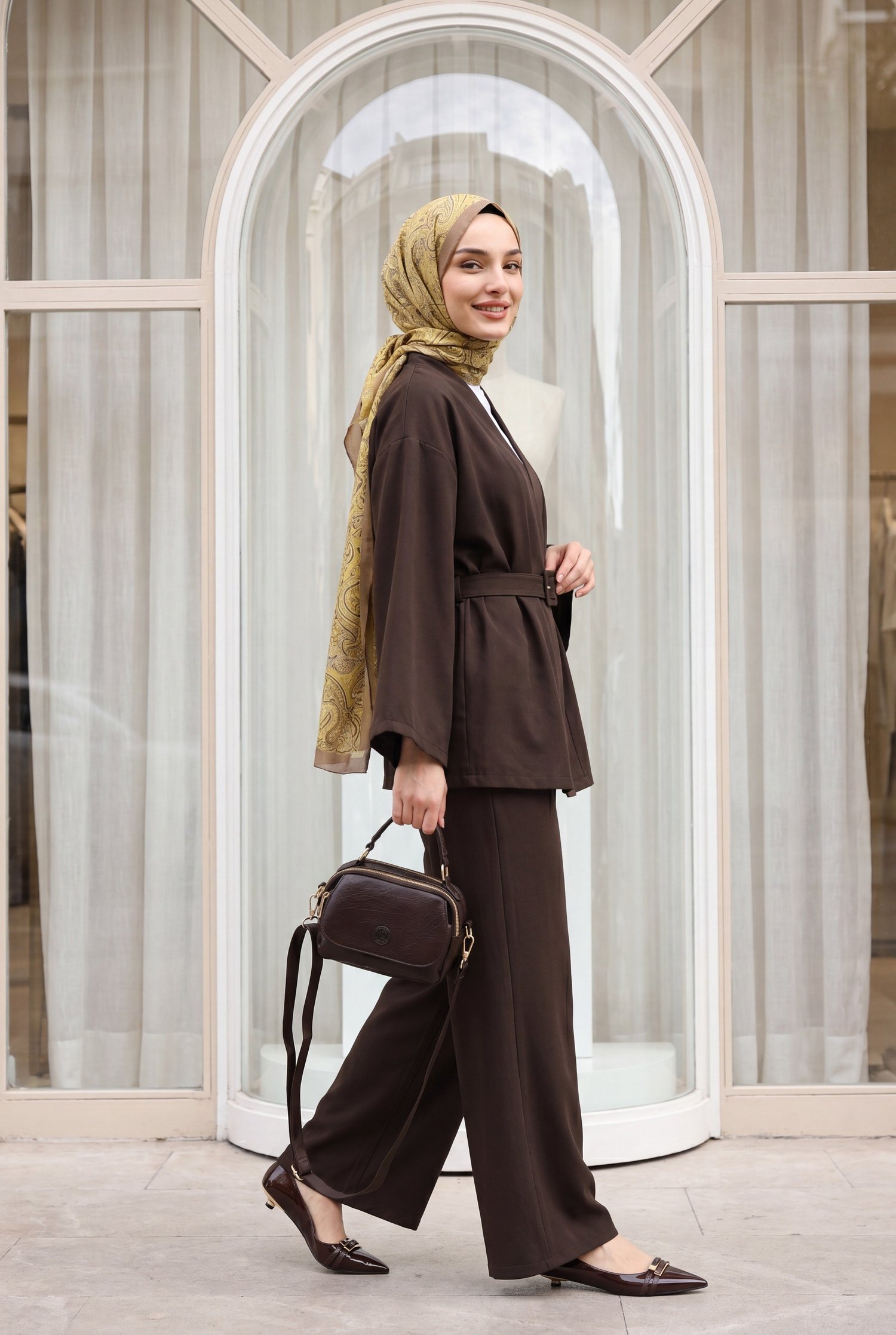 Kemerli Pantolonlu Kimono Takım   -Kahve