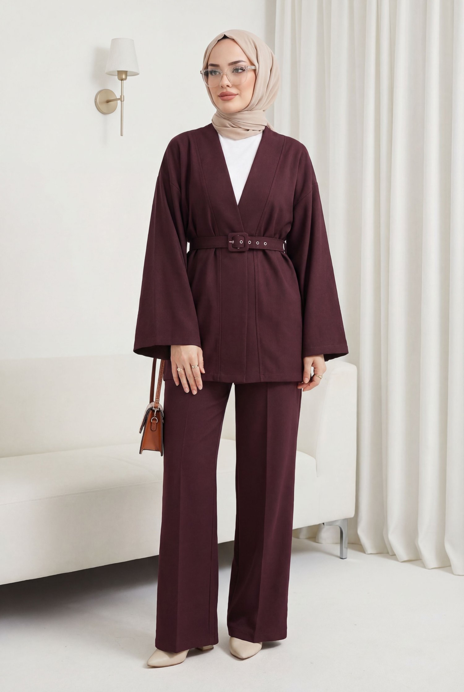 Kemerli Pantolonlu Kimono Takım   -Mürdüm