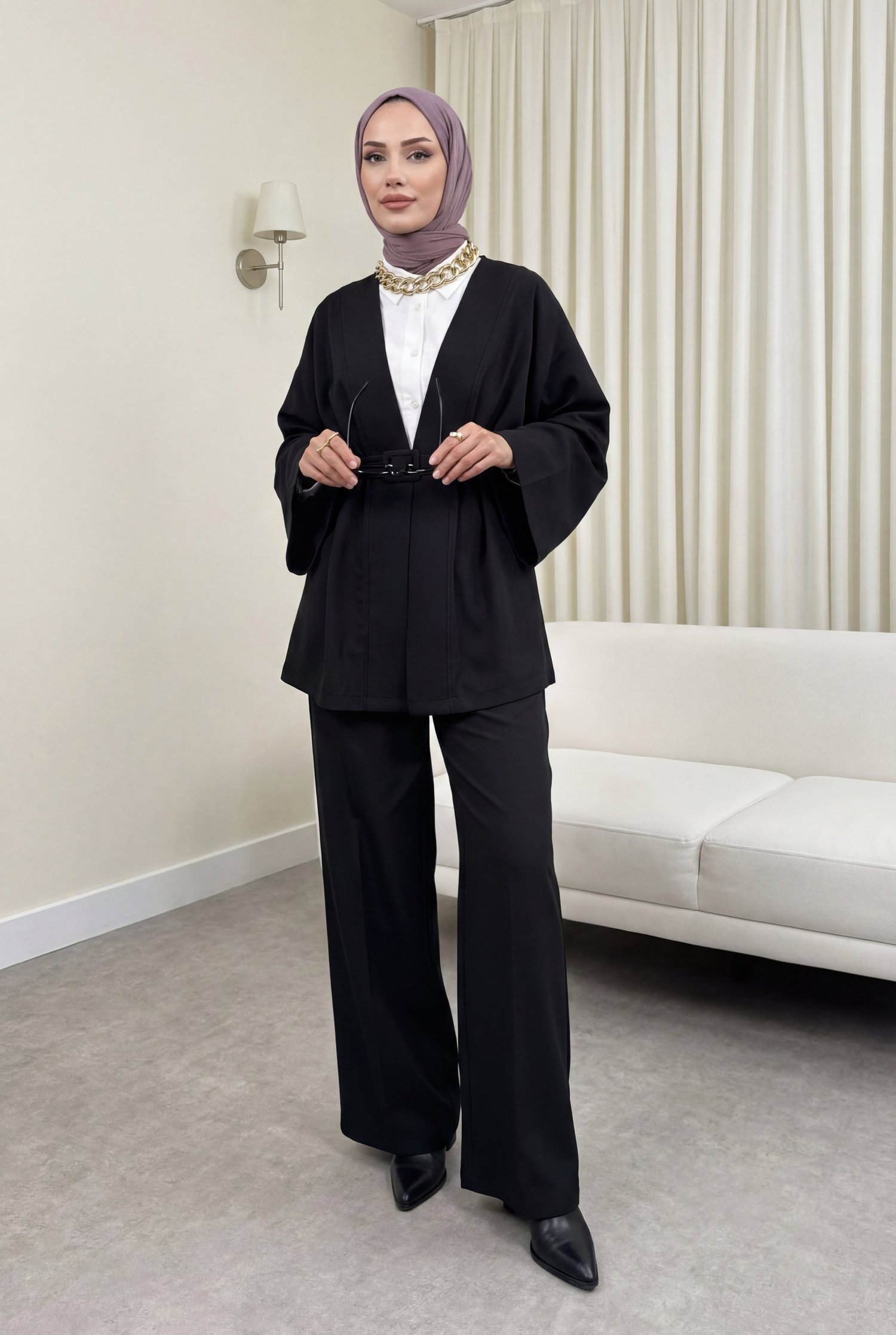 Kemerli Pantolonlu Kimono Takım  -Siyah