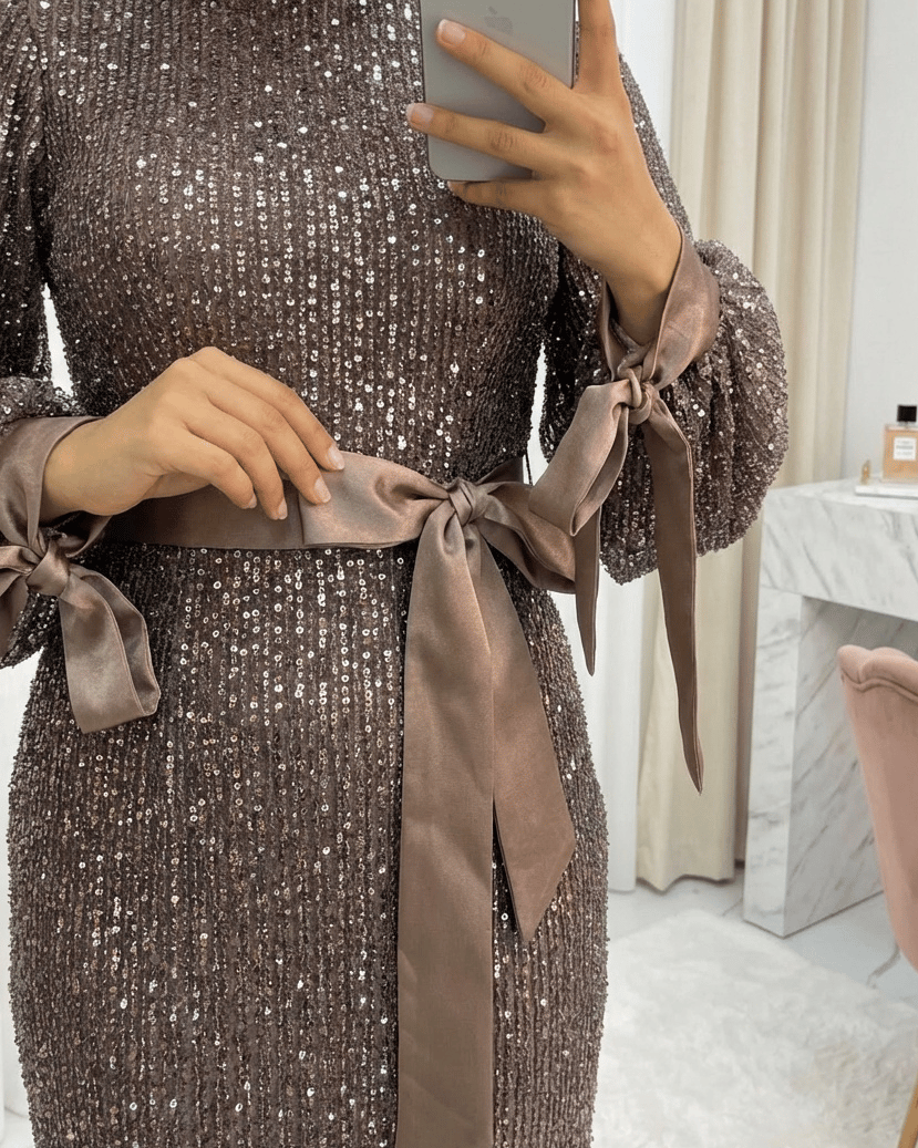 Kesme Boncuklu Şerit Payet Kemerli Abiye  -Açık Kahve