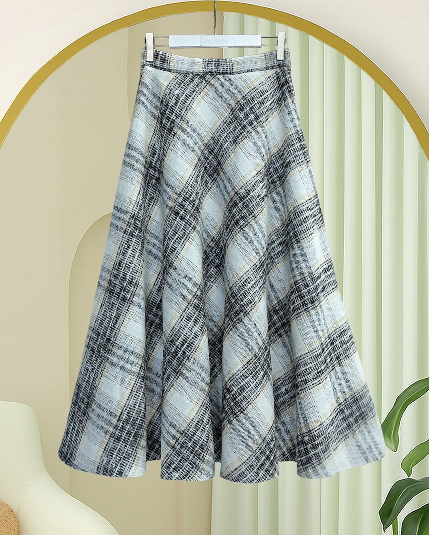 Kışlık Ekose Desenli Yanı Fermuarlı  Kaşe Çan Etek   -Krem